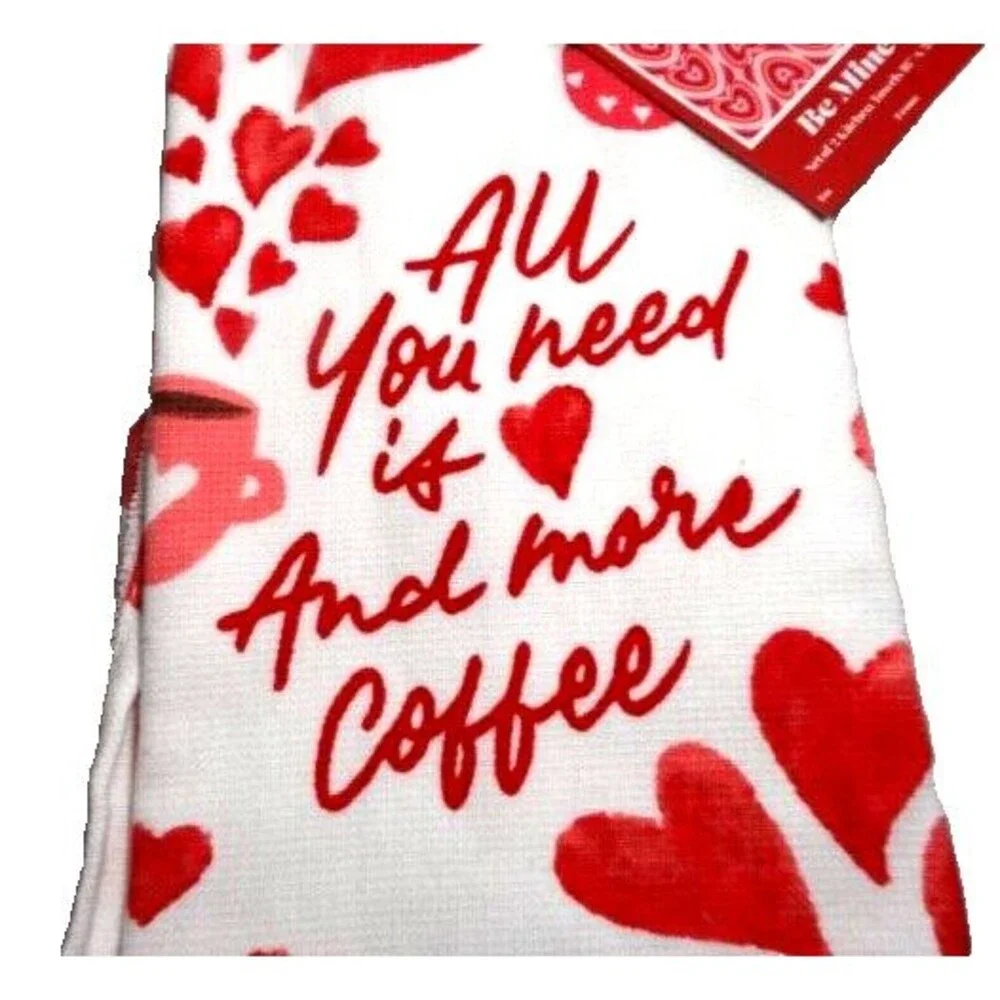 All You Need is Love and Coffee Kitchen Towels 2-piece Pink Hearts on White NWT